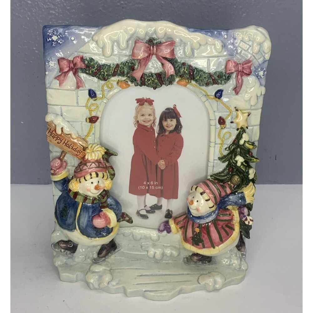 Happy Holidays Snowman Picture Frame (4x6) Photo Christmas Tree Ice Skating Vtg